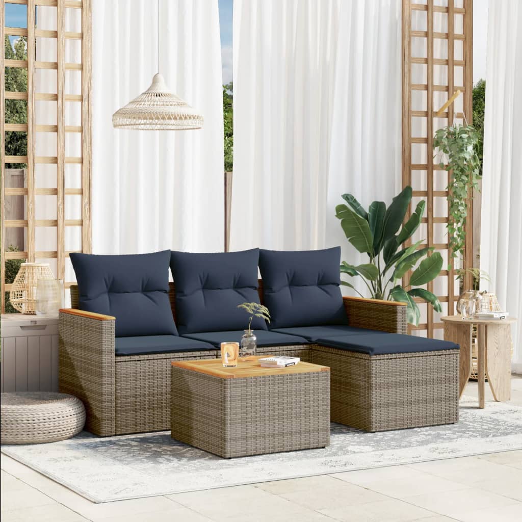 havesofasæt med 5 dele og hynder grå polyrattan