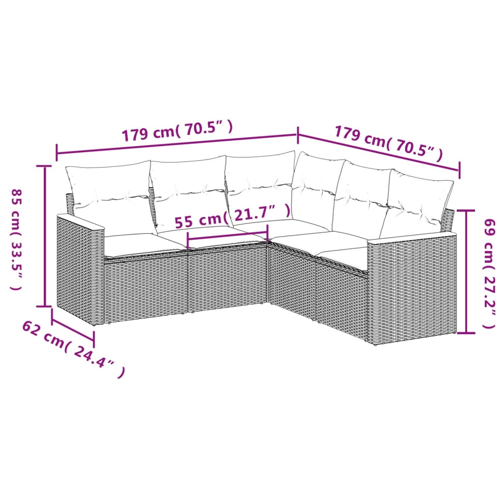 sofasæt til haven 5 dele med hynder polyrattan beige