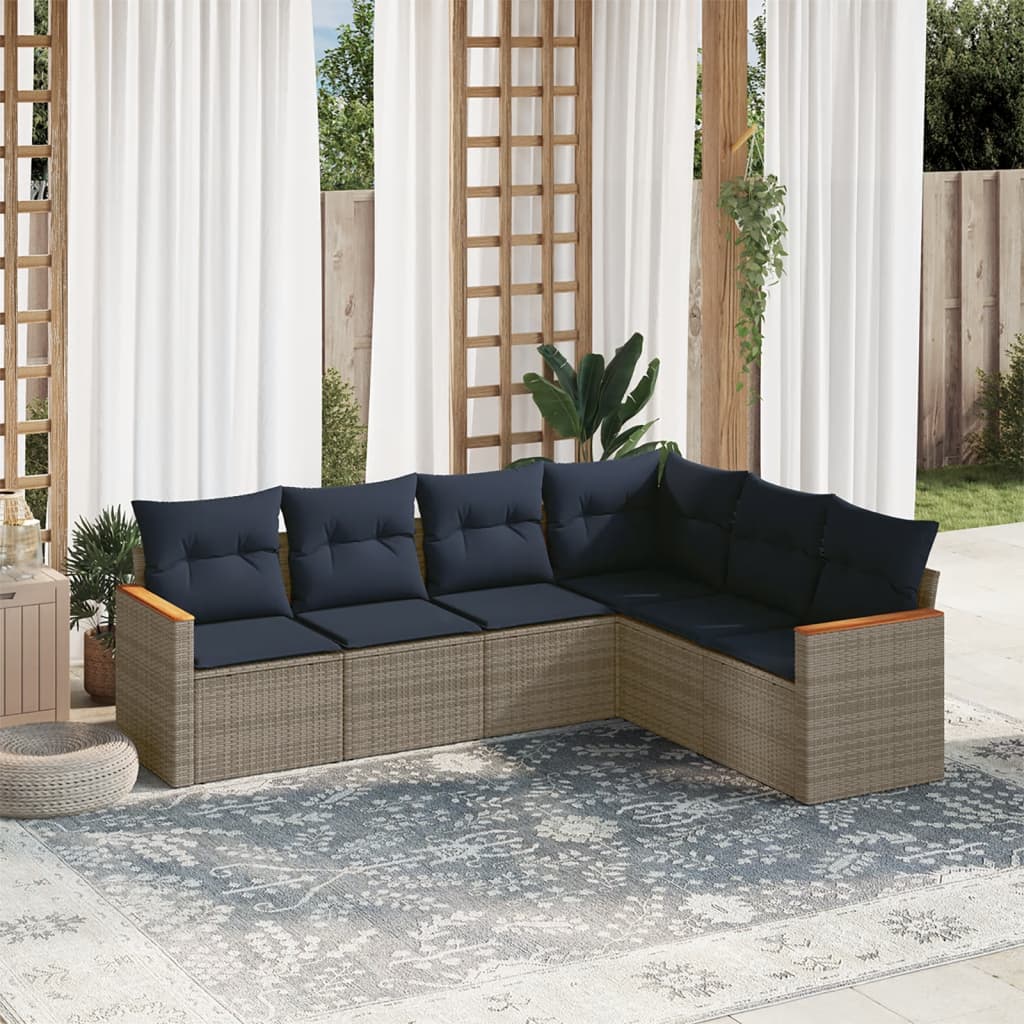 havesofasæt med 6 dele og hynder grå polyrattan