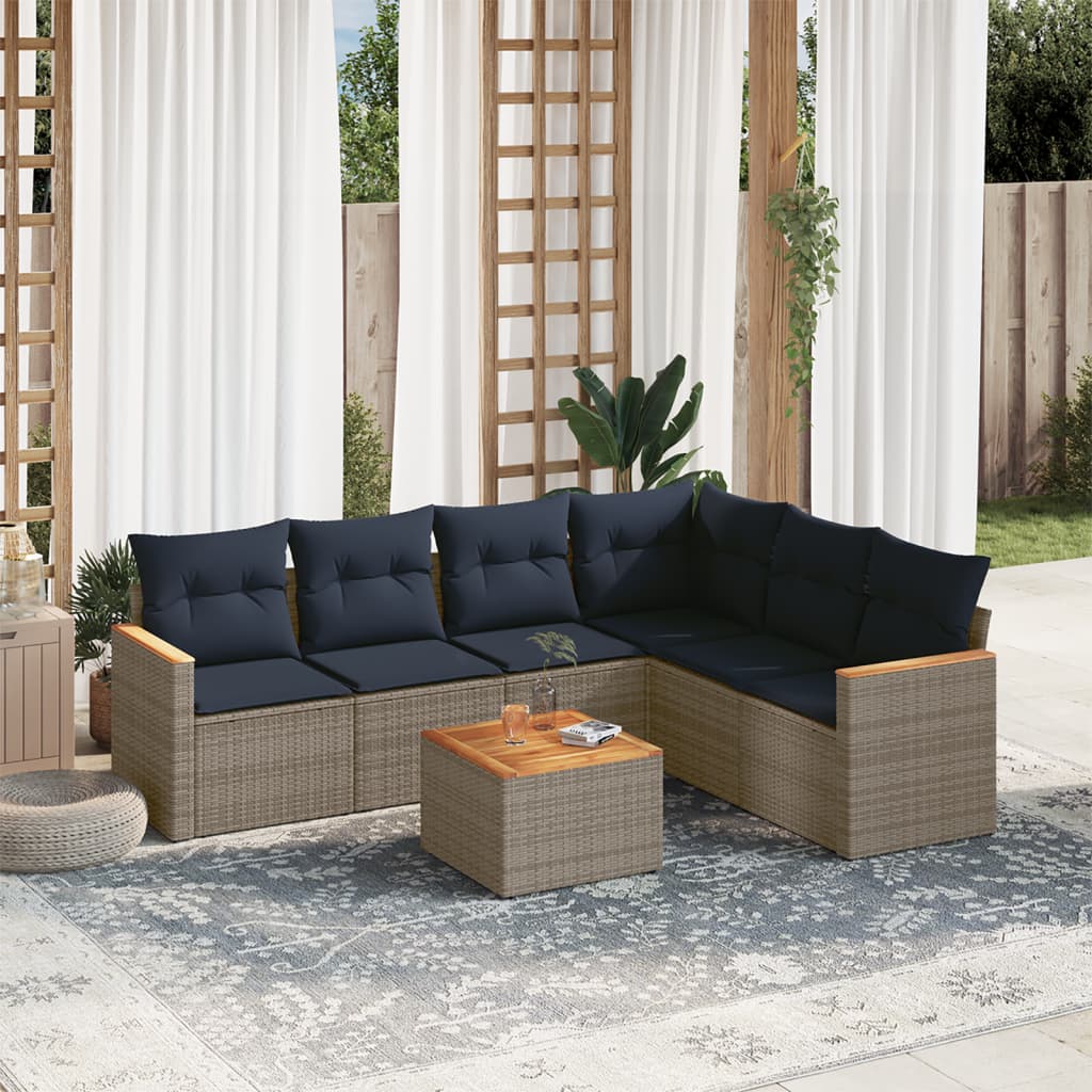 havesofasæt med 7 dele og hynder grå polyrattan