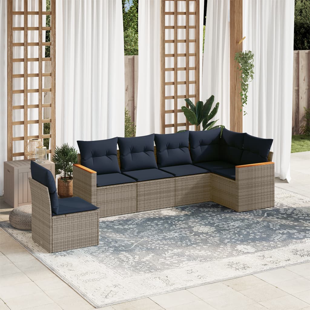 havesofasæt med 6 dele og hynder grå polyrattan