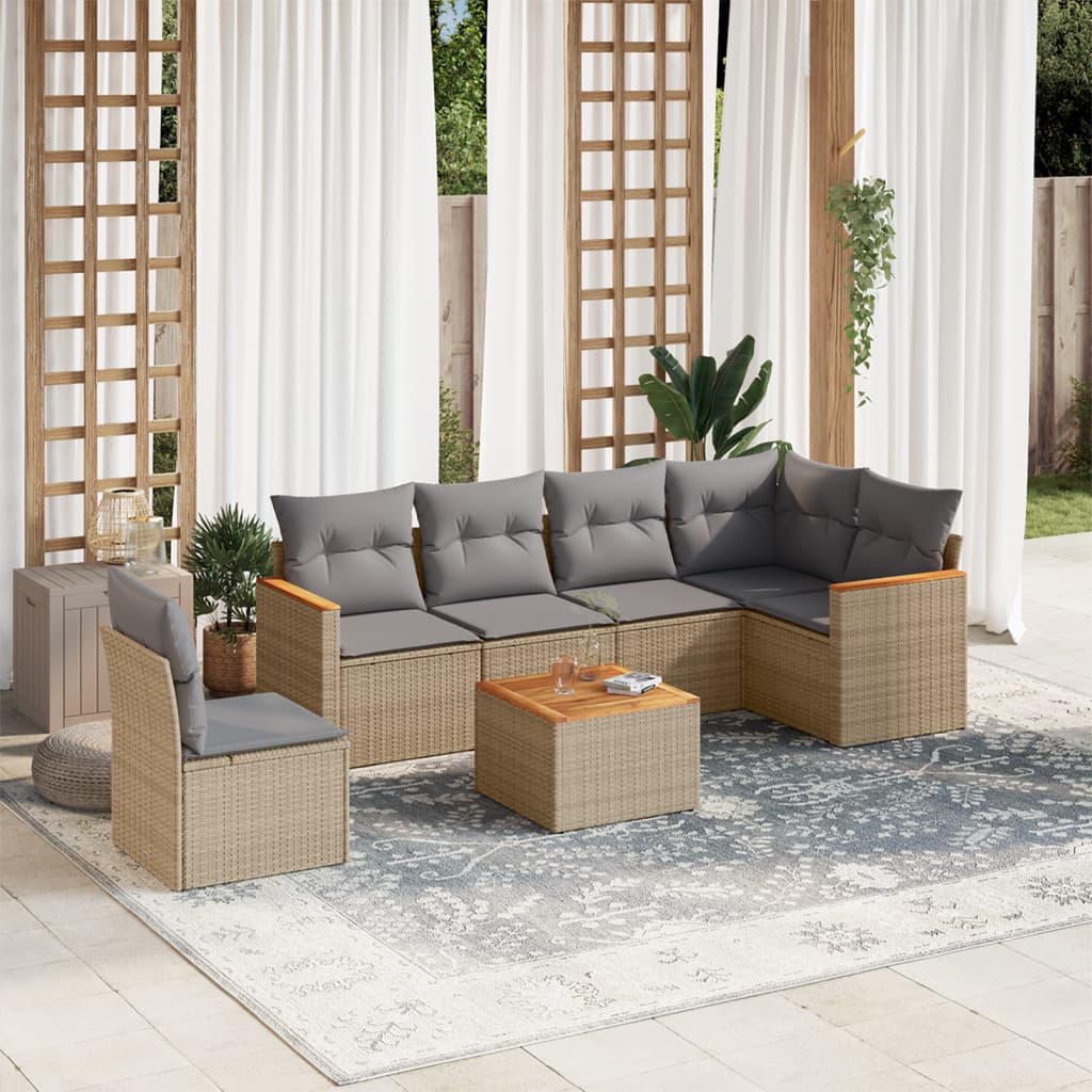 havesofasæt 7 dele med hynder polyrattan beige