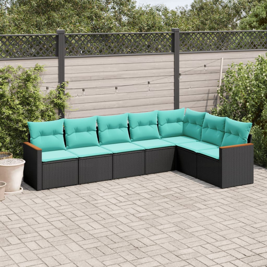 havesofasæt med 7 hynder sort polyrattan