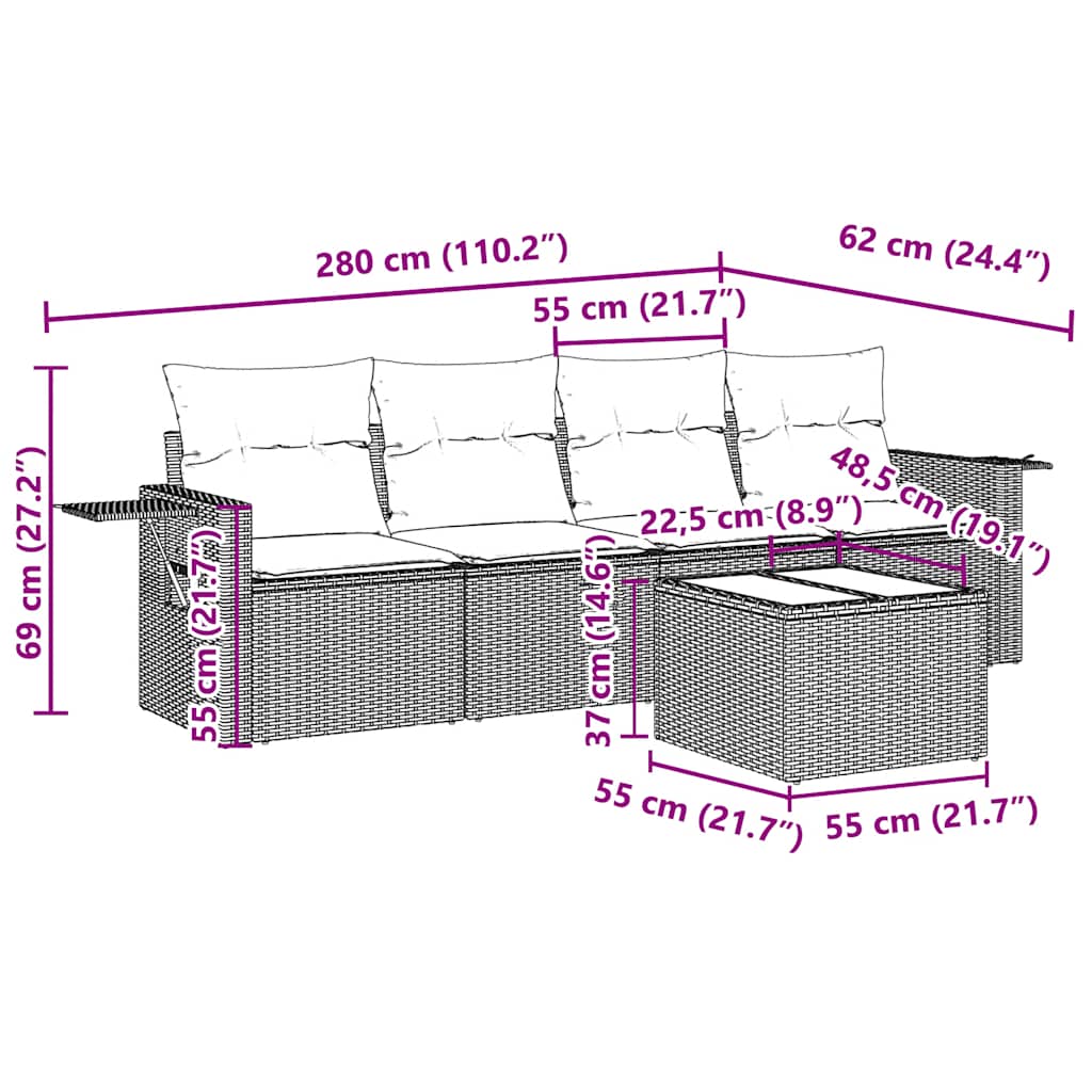 sofasæt 5 dele med hynder polyrattan lysegrå