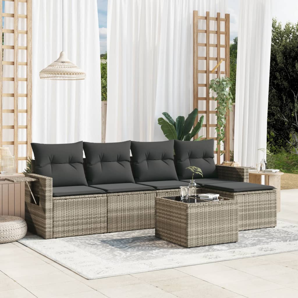 sofasæt til haven 6 dele med hynder polyrattan lysegrå