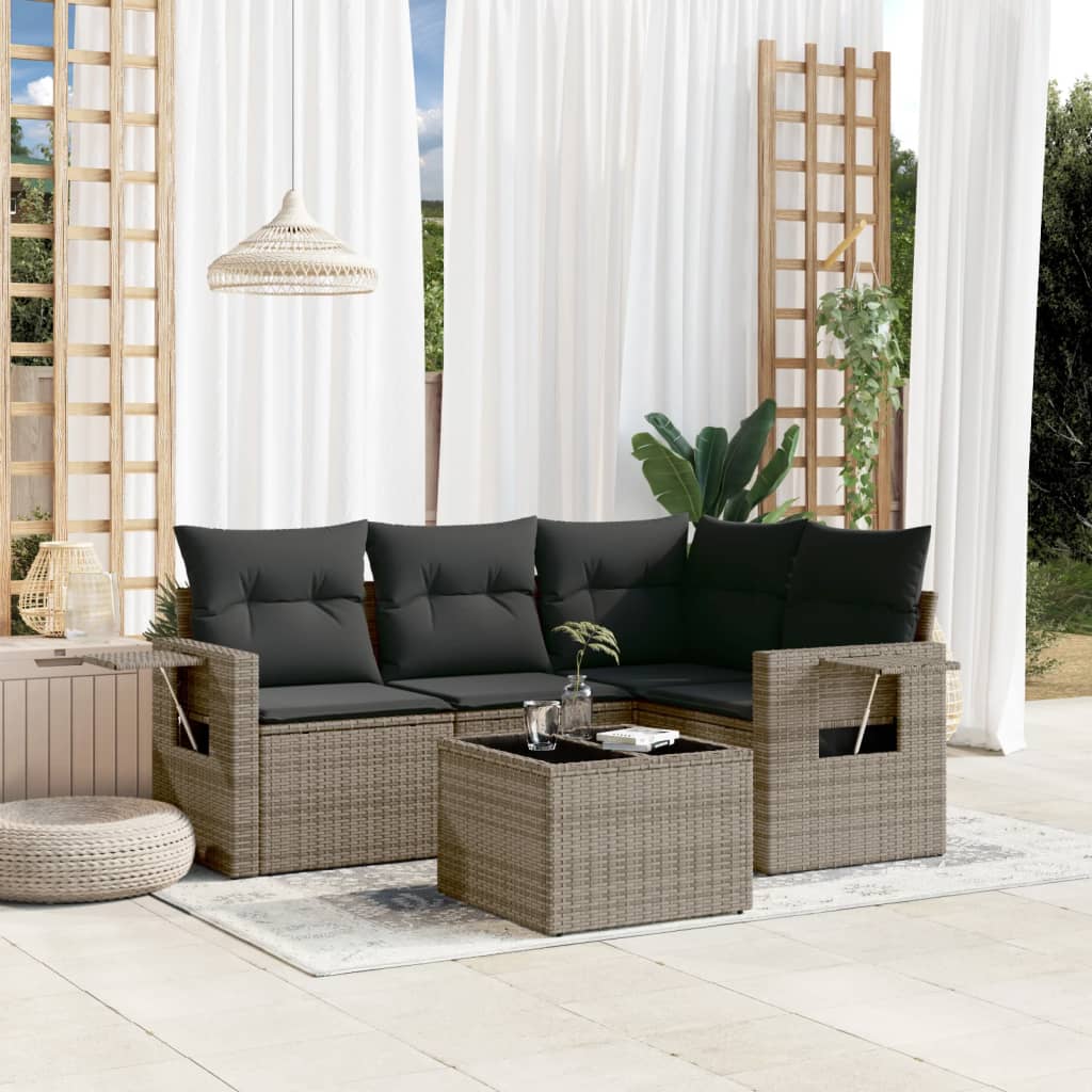sofasæt 5 dele med hynder polyrattan grå