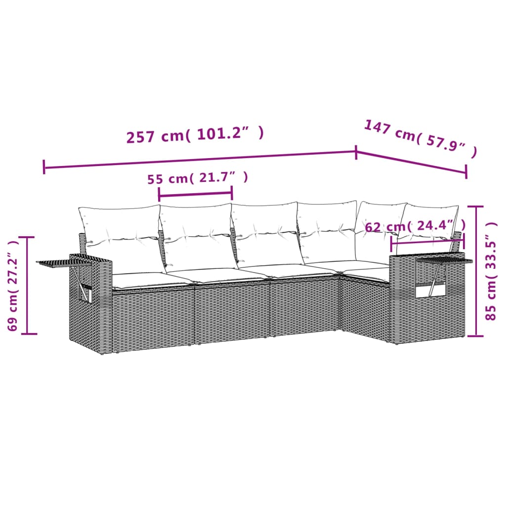 sofasæt til haven 5 dele med hynder polyrattan sort