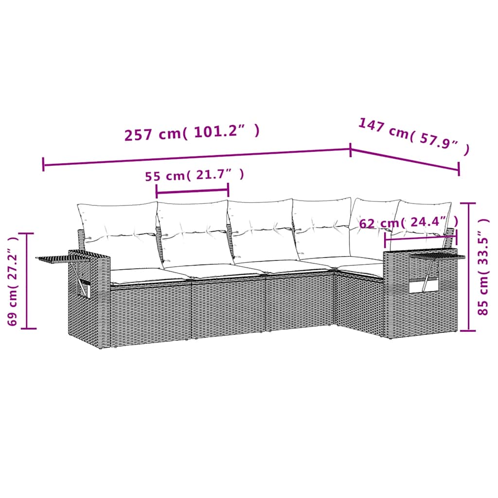 sofasæt 5 dele med hynder polyrattan lysegrå