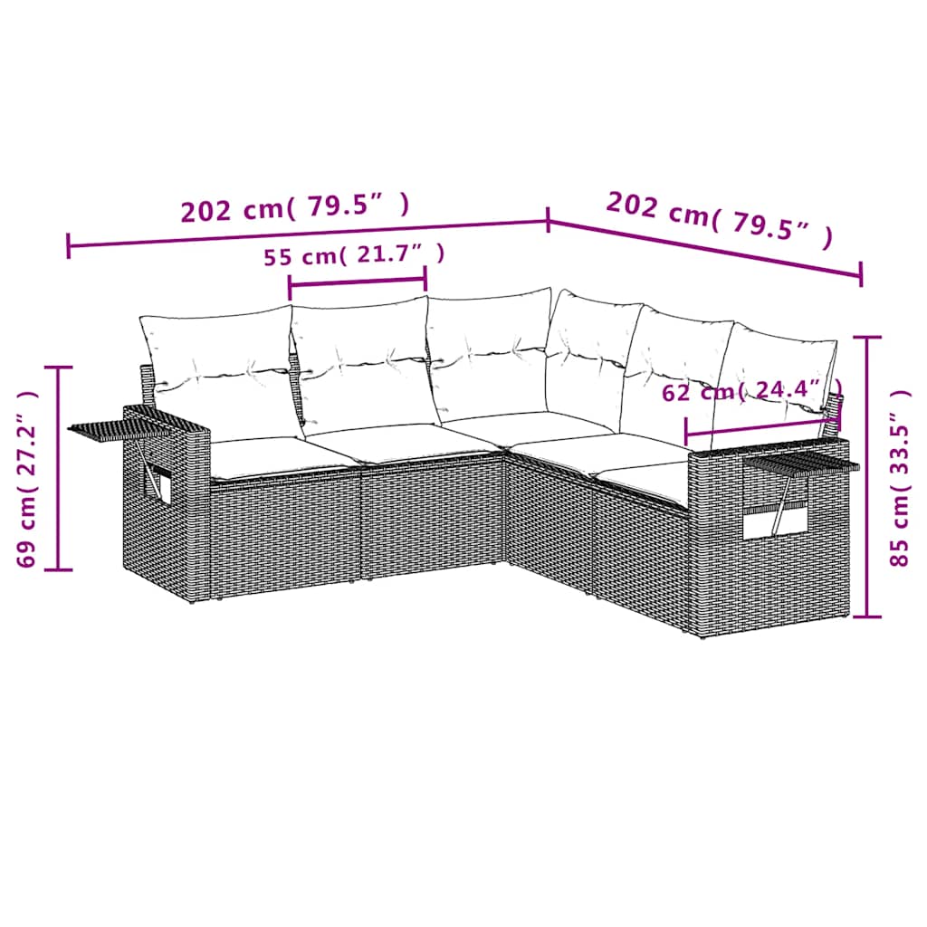 sofasæt til haven 5 dele med hynder polyrattan sort