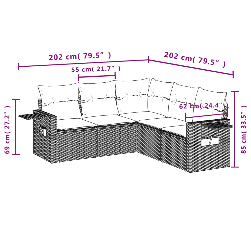 sofasæt til haven 5 dele med hynder polyrattan beige