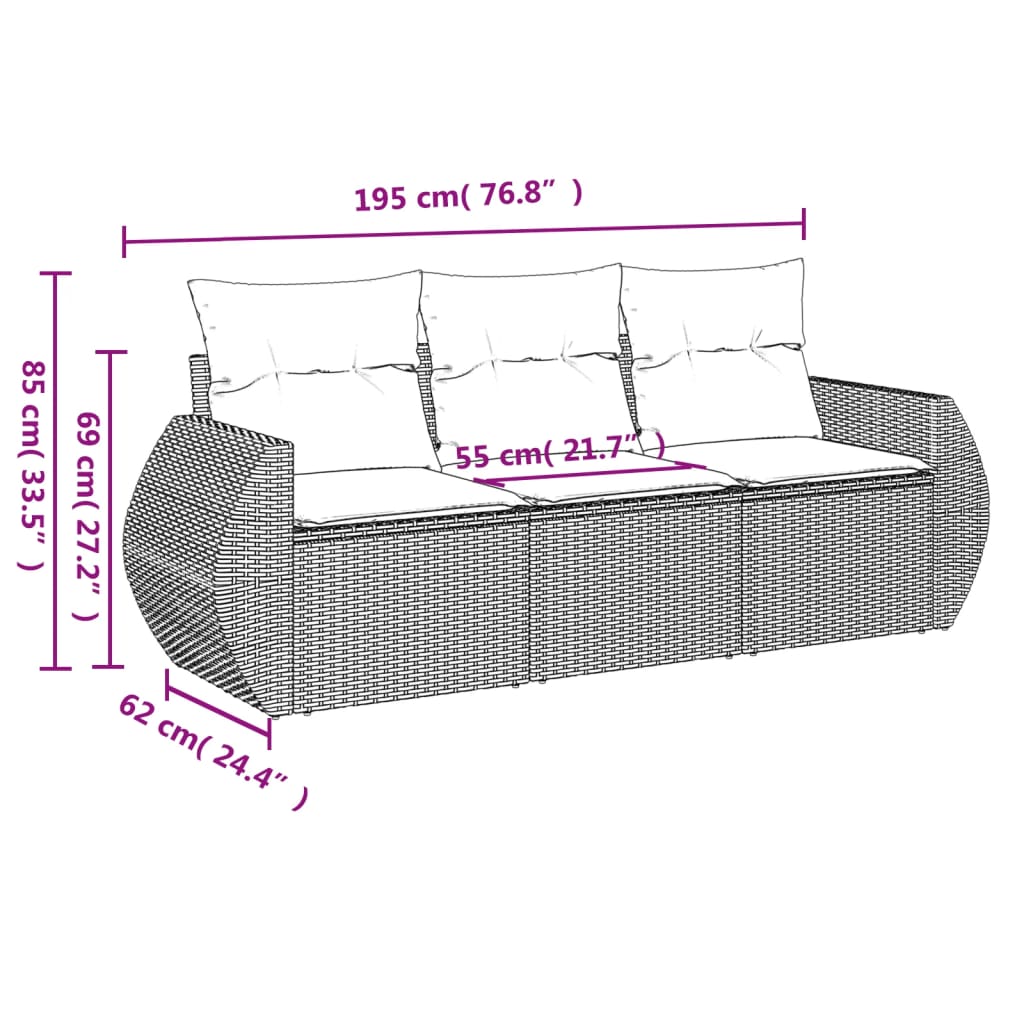 sofasæt til haven 3 dele med hynder polyrattan brun