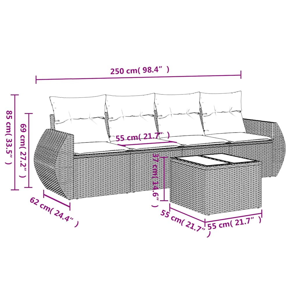 sofasæt 5 dele med hynder polyrattan lysegrå