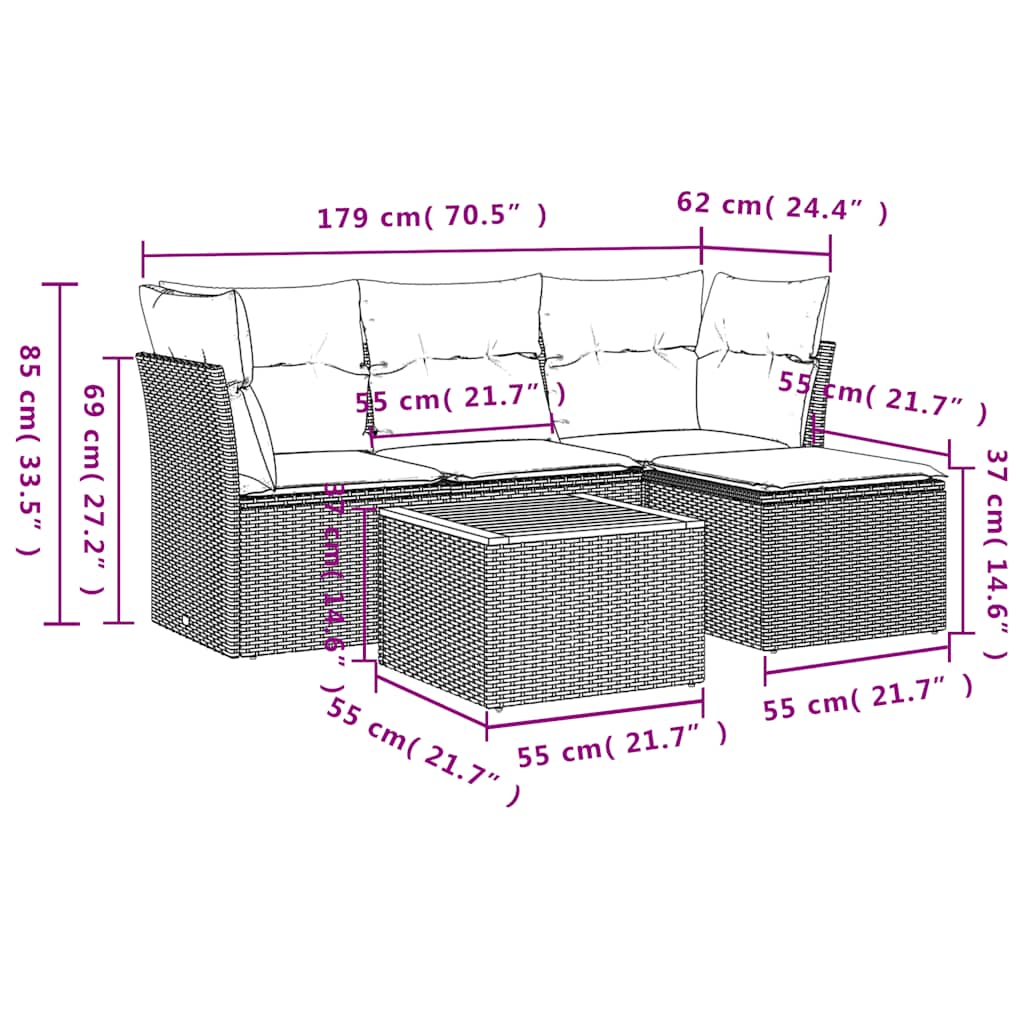 sofasæt til haven 5 dele med hynder polyrattan sort