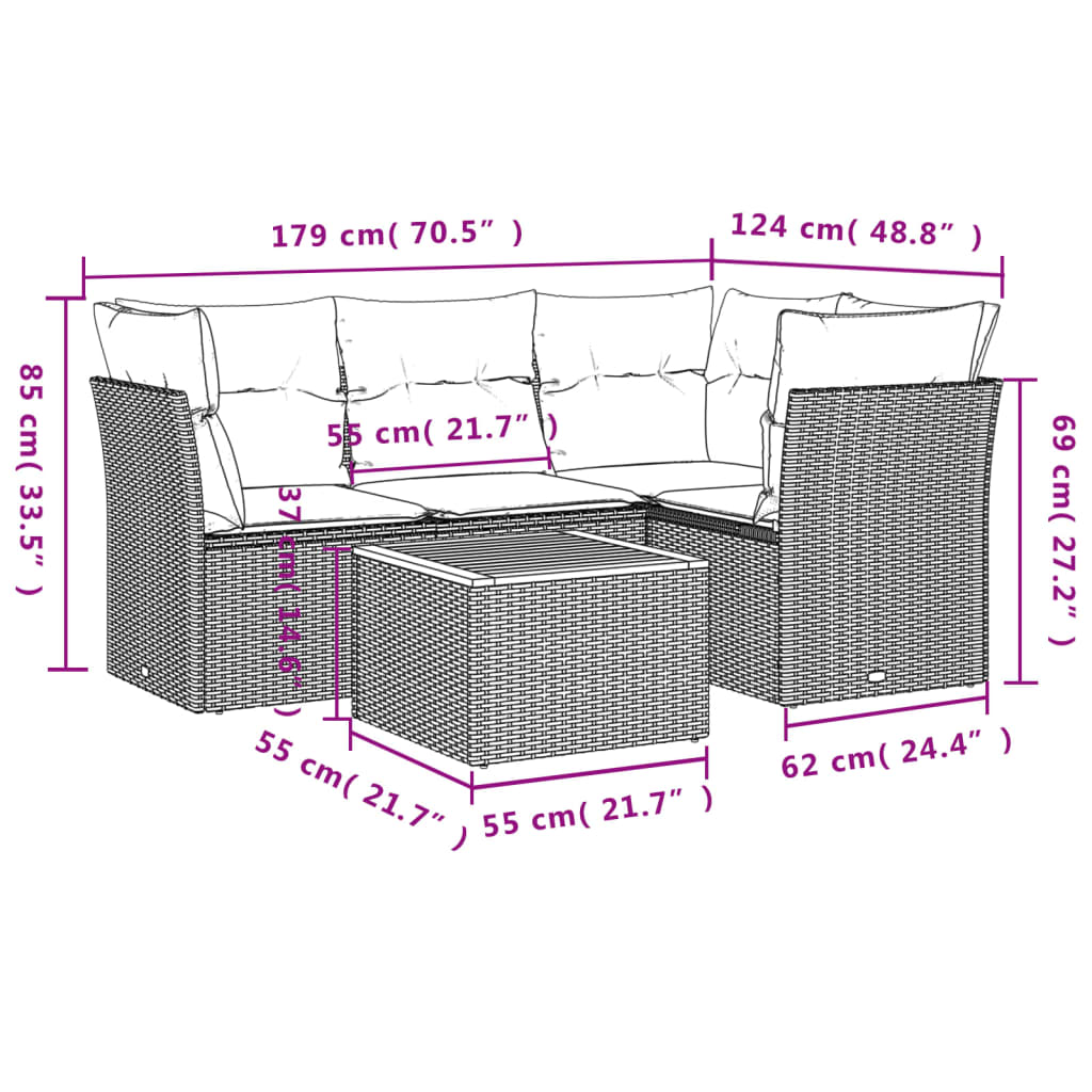 sofasæt 5 dele med hynder polyrattan grå