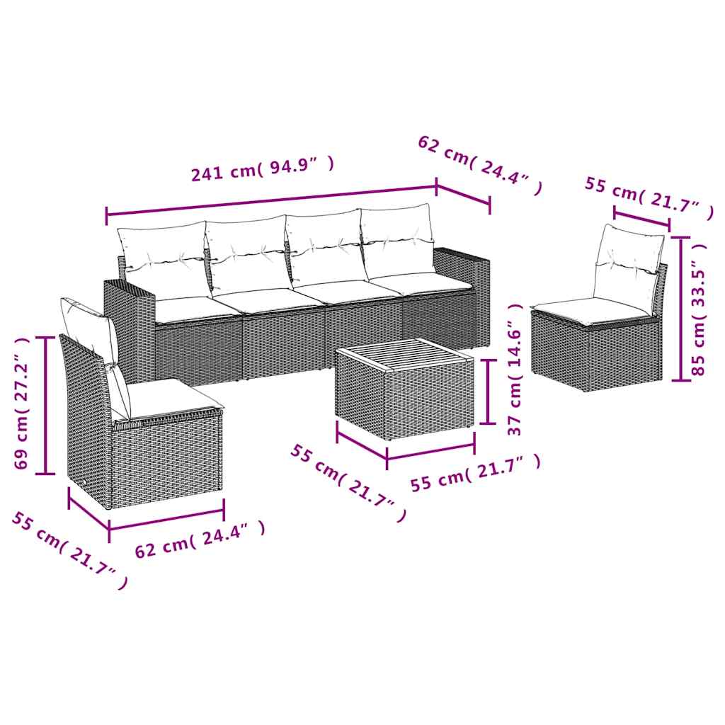 sofasæt til haven 7 dele med hynder polyrattan sort