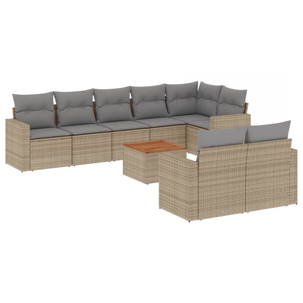 spisebordssæt til haven 9 dele med hynder polyrattan beige