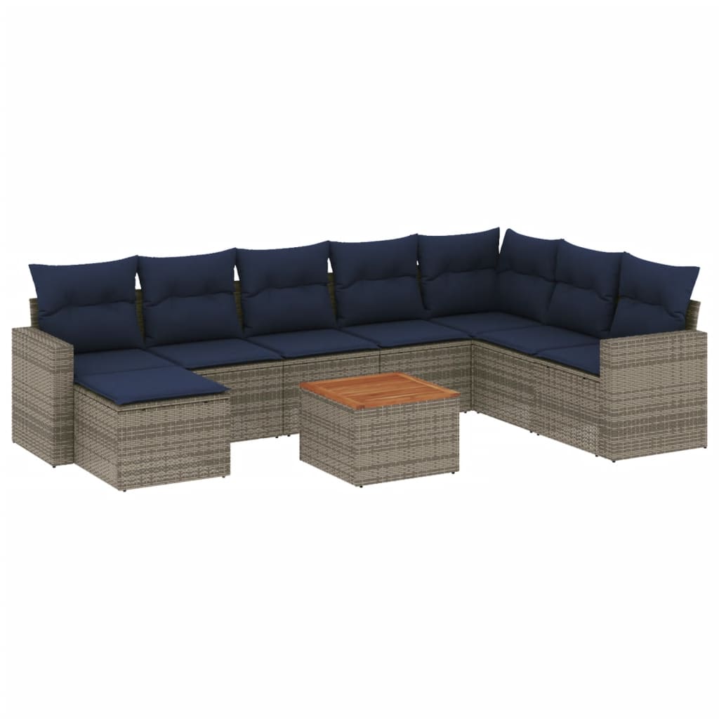 havesofasæt med 9 dele og hynder grå polyrattan
