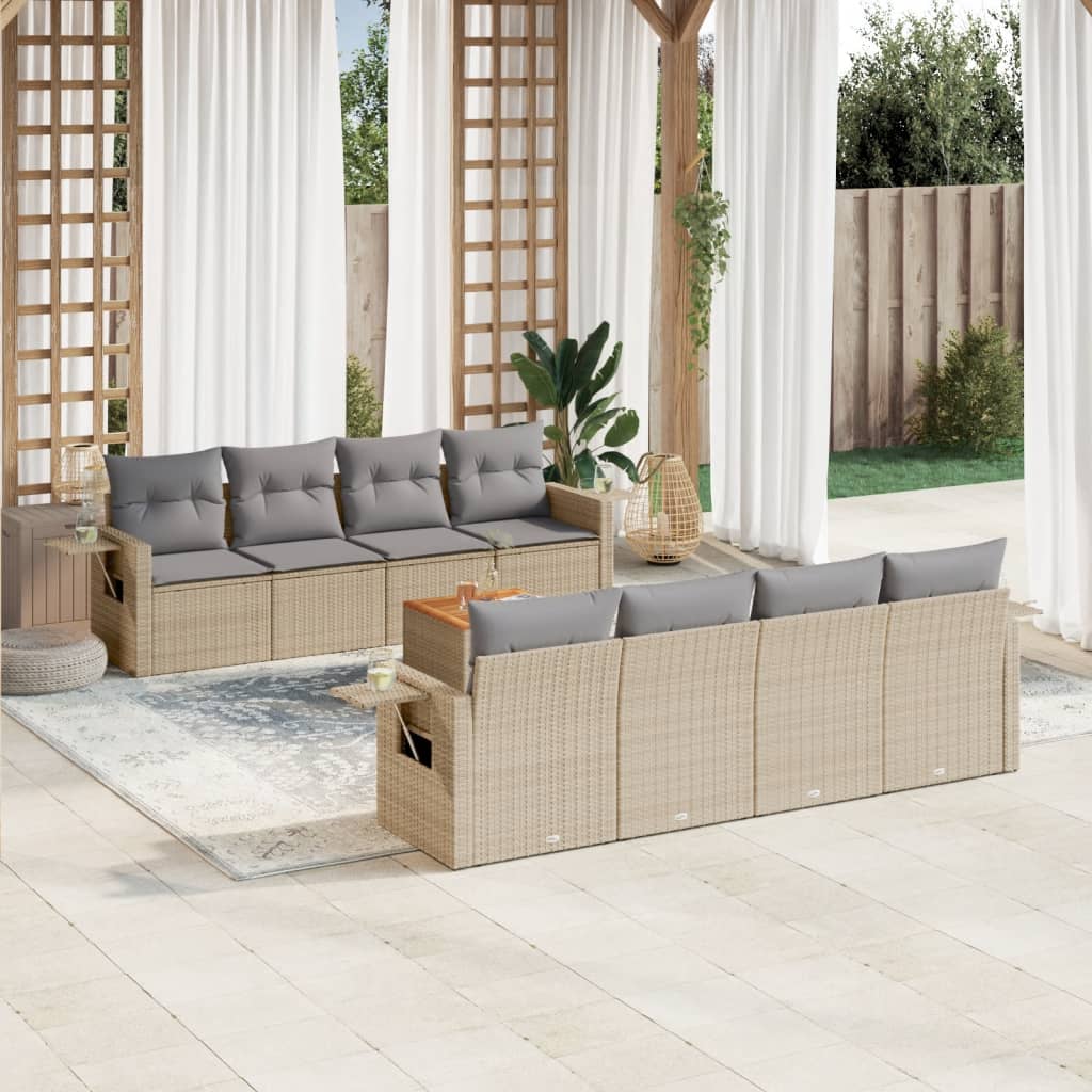 spisebordssæt til haven 9 dele med hynder polyrattan beige