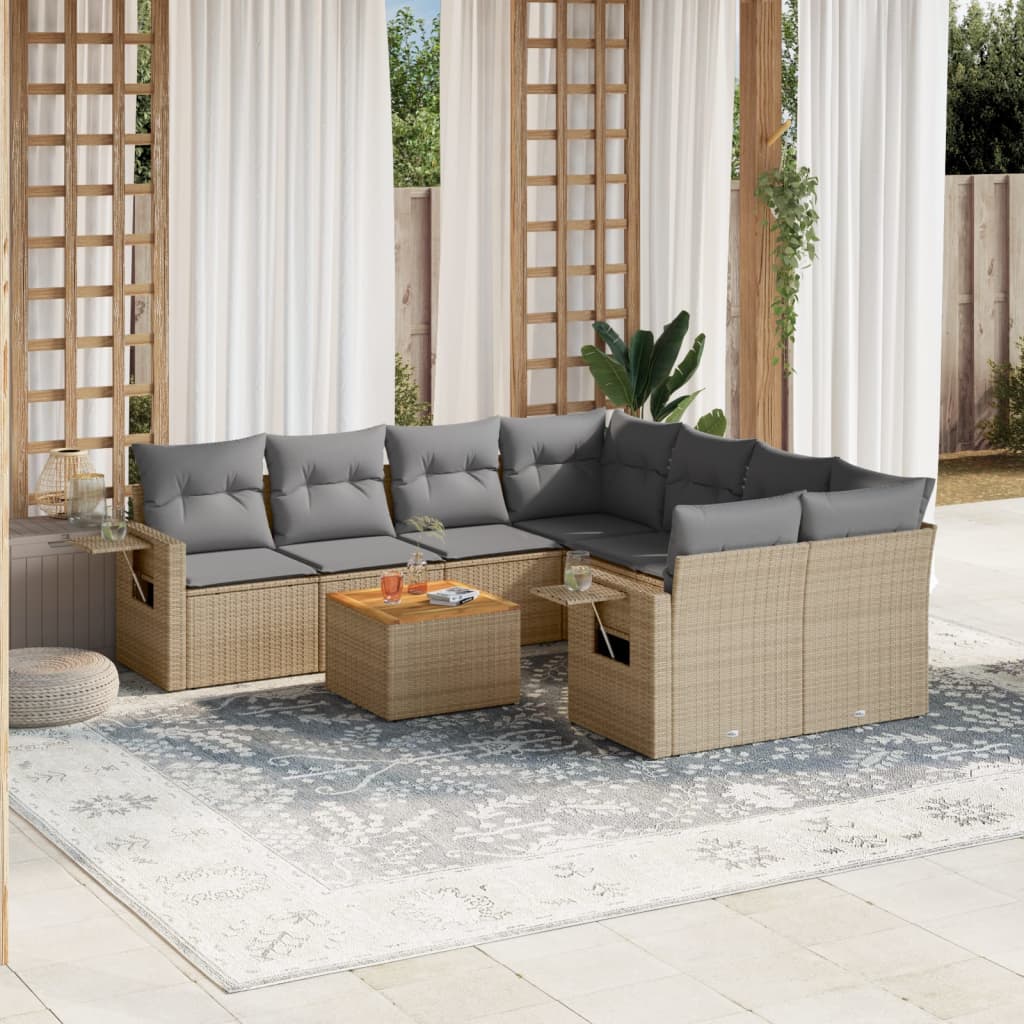 spisebordssæt til haven 9 dele med hynder polyrattan beige