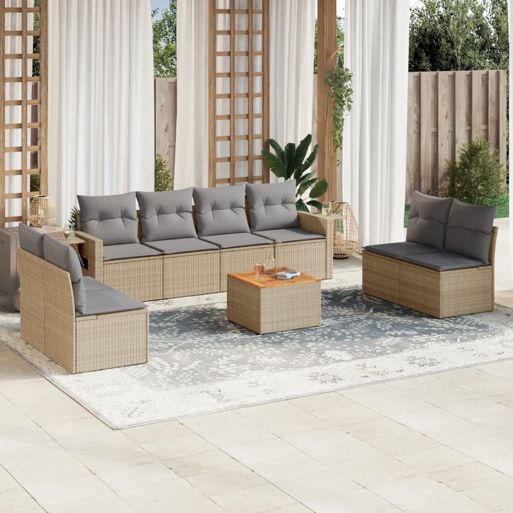 spisebordssæt til haven 9 dele med hynder polyrattan beige