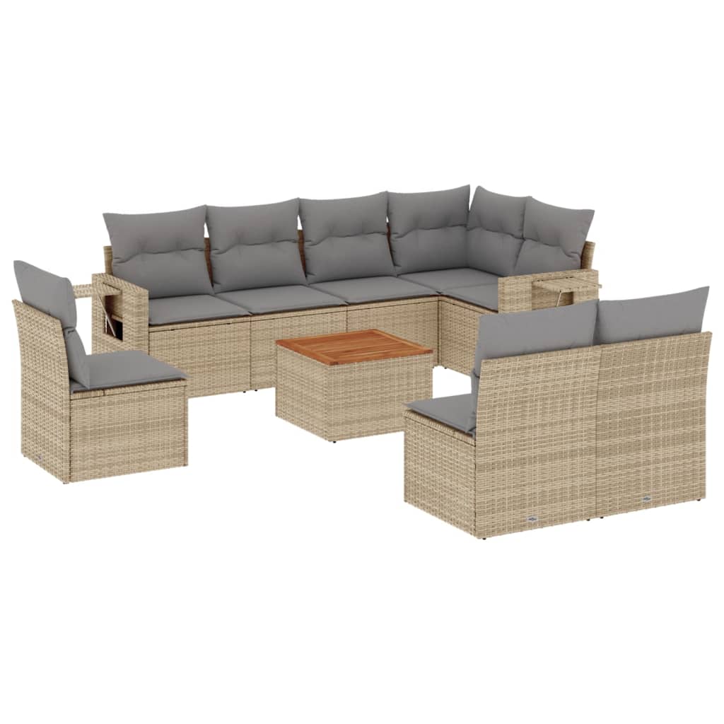 spisebordssæt til haven 9 dele med hynder polyrattan beige