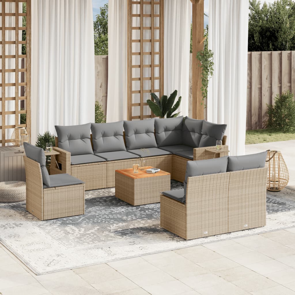 spisebordssæt til haven 9 dele med hynder polyrattan beige