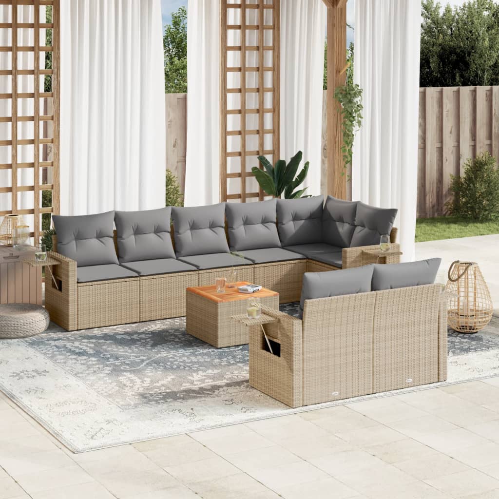 spisebordssæt til haven 9 dele med hynder polyrattan beige