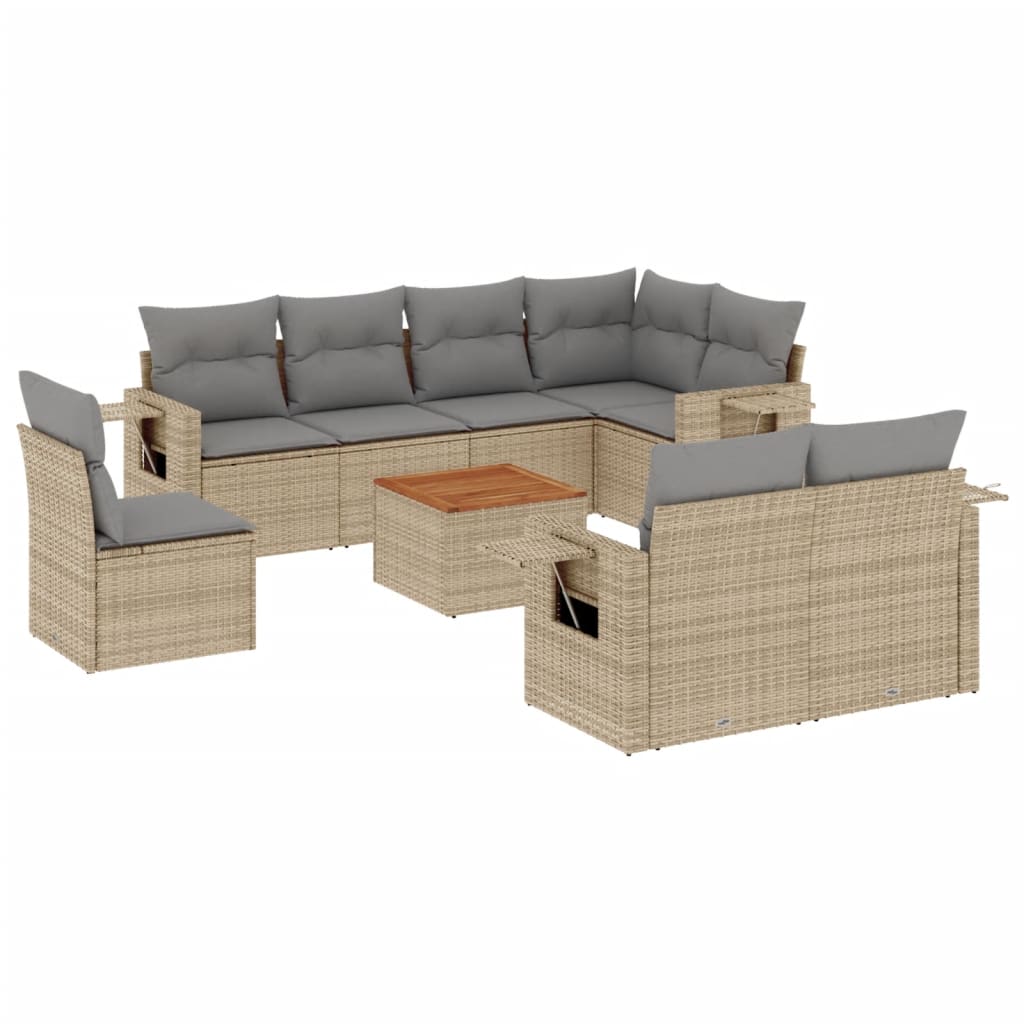 spisebordssæt til haven 9 dele med hynder polyrattan beige