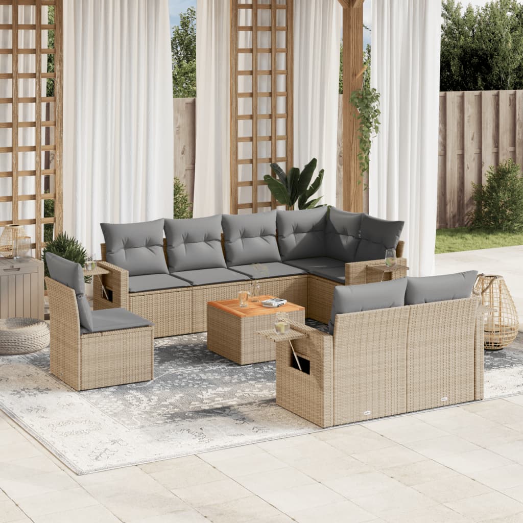 spisebordssæt til haven 9 dele med hynder polyrattan beige