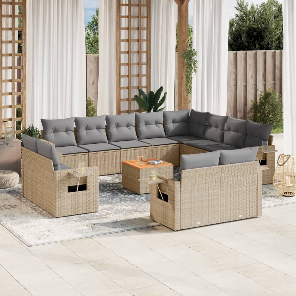 spisebordssæt til haven 13 dele med hynder polyrattan beige