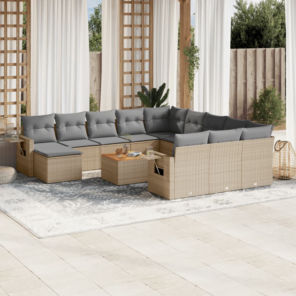 spisebordssæt til haven 13 dele med hynder polyrattan beige
