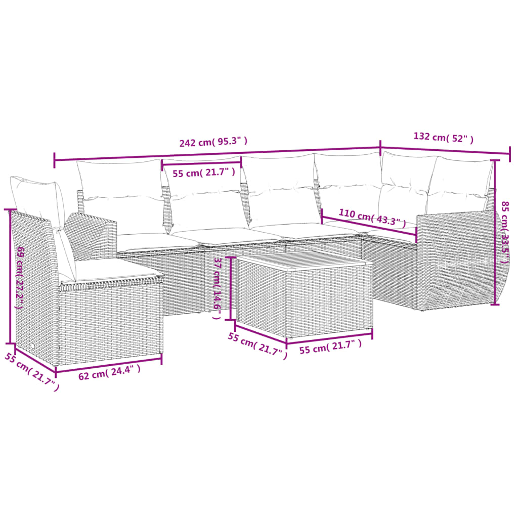 sofasæt til haven 7 dele med hynder polyrattan beige