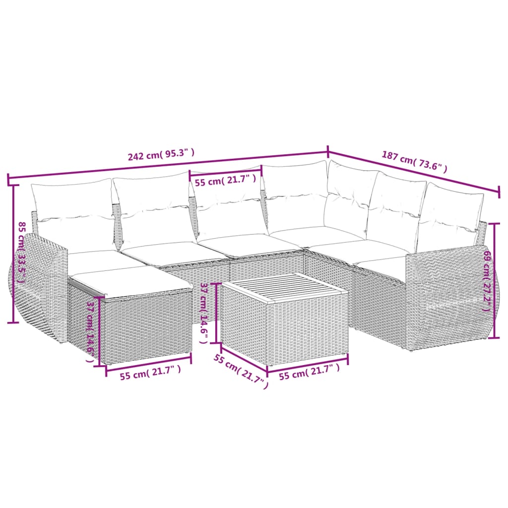sofasæt til haven 8 dele med hynder polyrattan grå