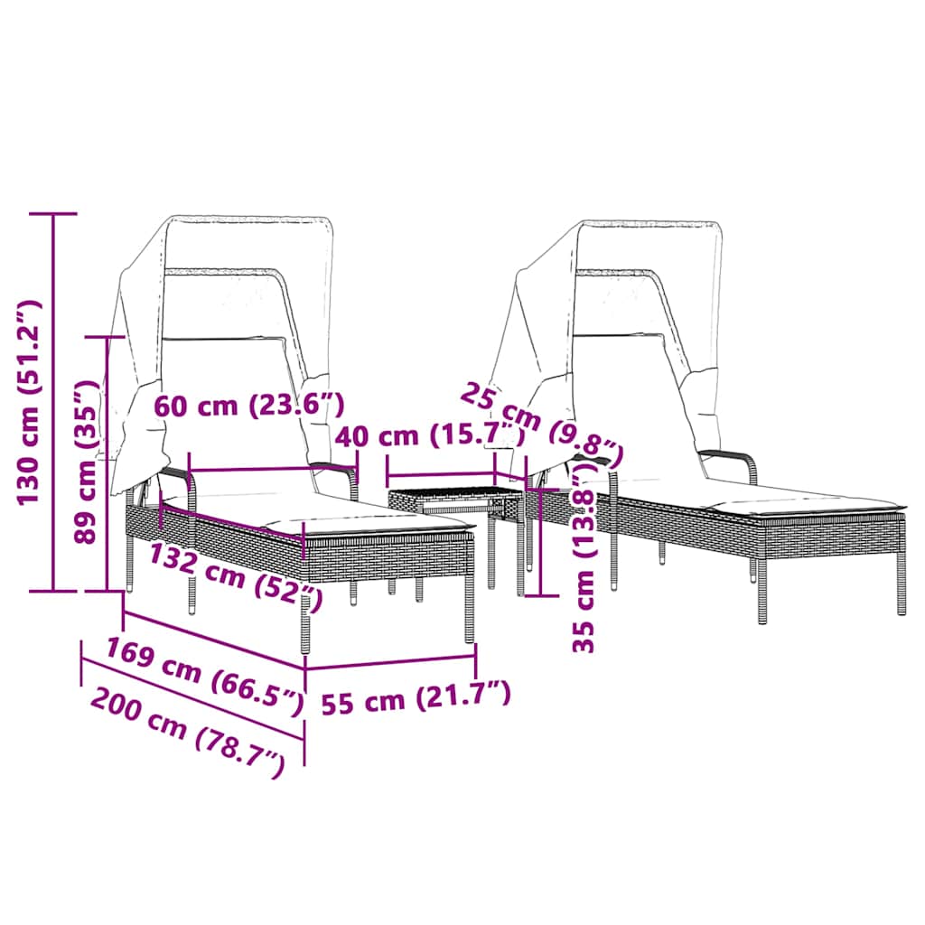 liggestole 2 stk. med baldakiner og bord polyrattan sort