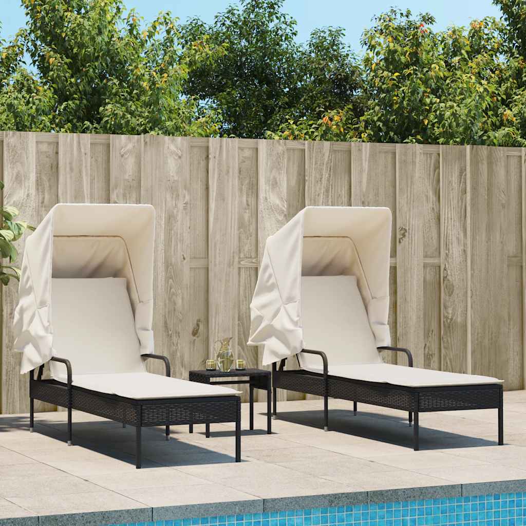 liggestole 2 stk. med baldakiner og bord polyrattan sort