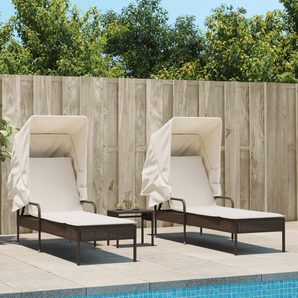 liggestole 2 stk. med baldakiner og bord polyrattan brun