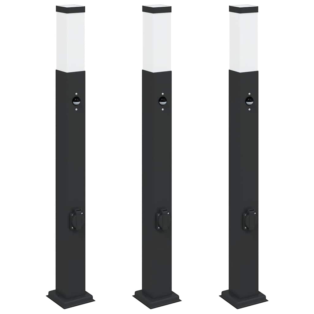 pullertlamper med sensor og stikkontakt 3 stk. 80 cm sort IP44