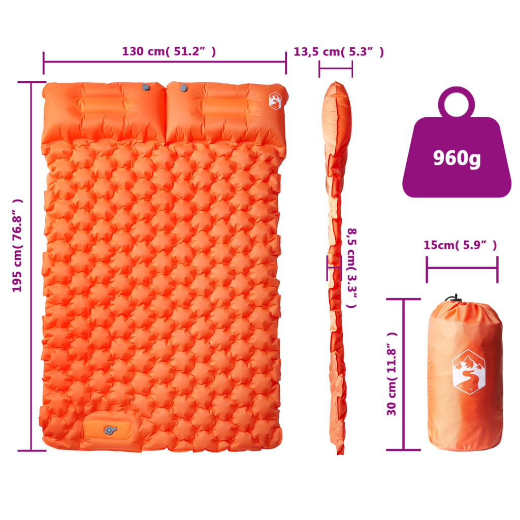 2-personers campingmadras med puder selvoppustelig orange