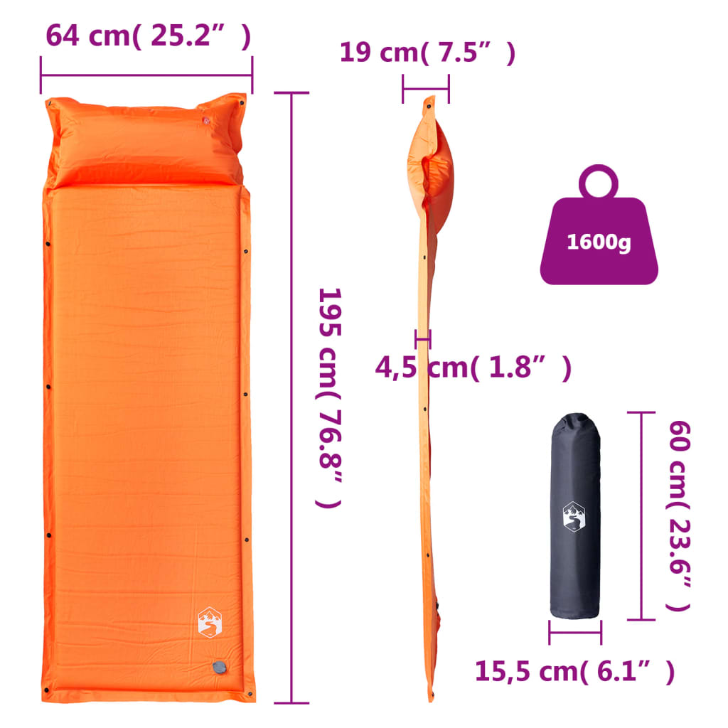 1-personers campingmadras med pude selvoppustelig orange