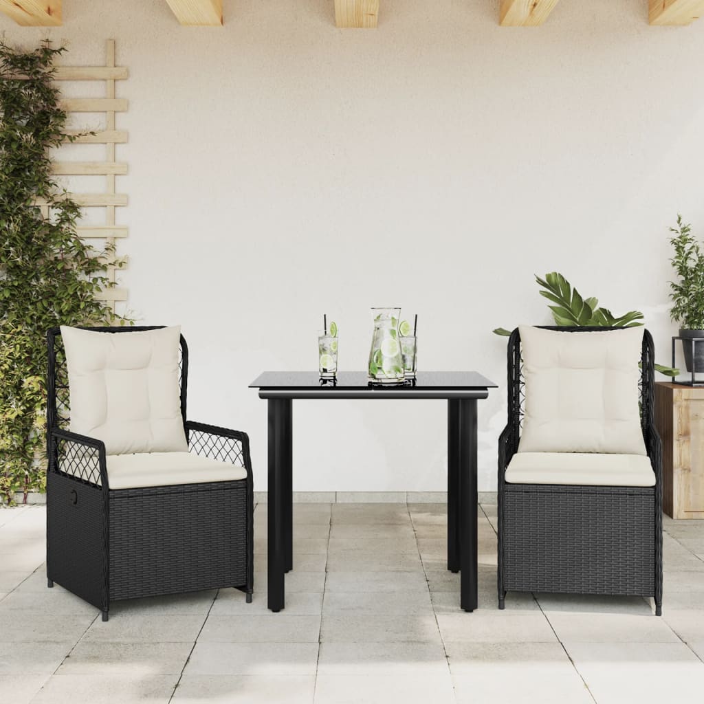 spisebordssæt til haven 3 dele med hynder polyrattan sort