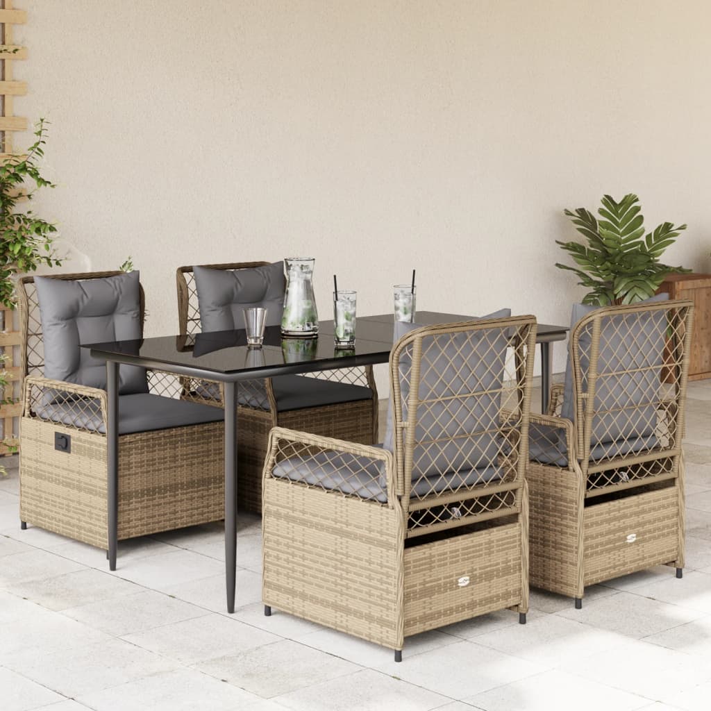 spisebordssæt til haven 5 dele med hynder polyrattan beige