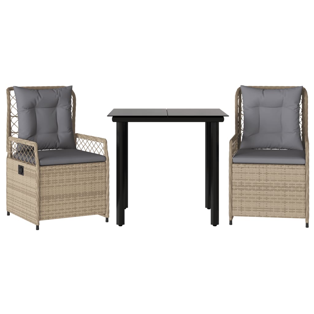 spisebordssæt til haven 3 dele med hynder polyrattan beige