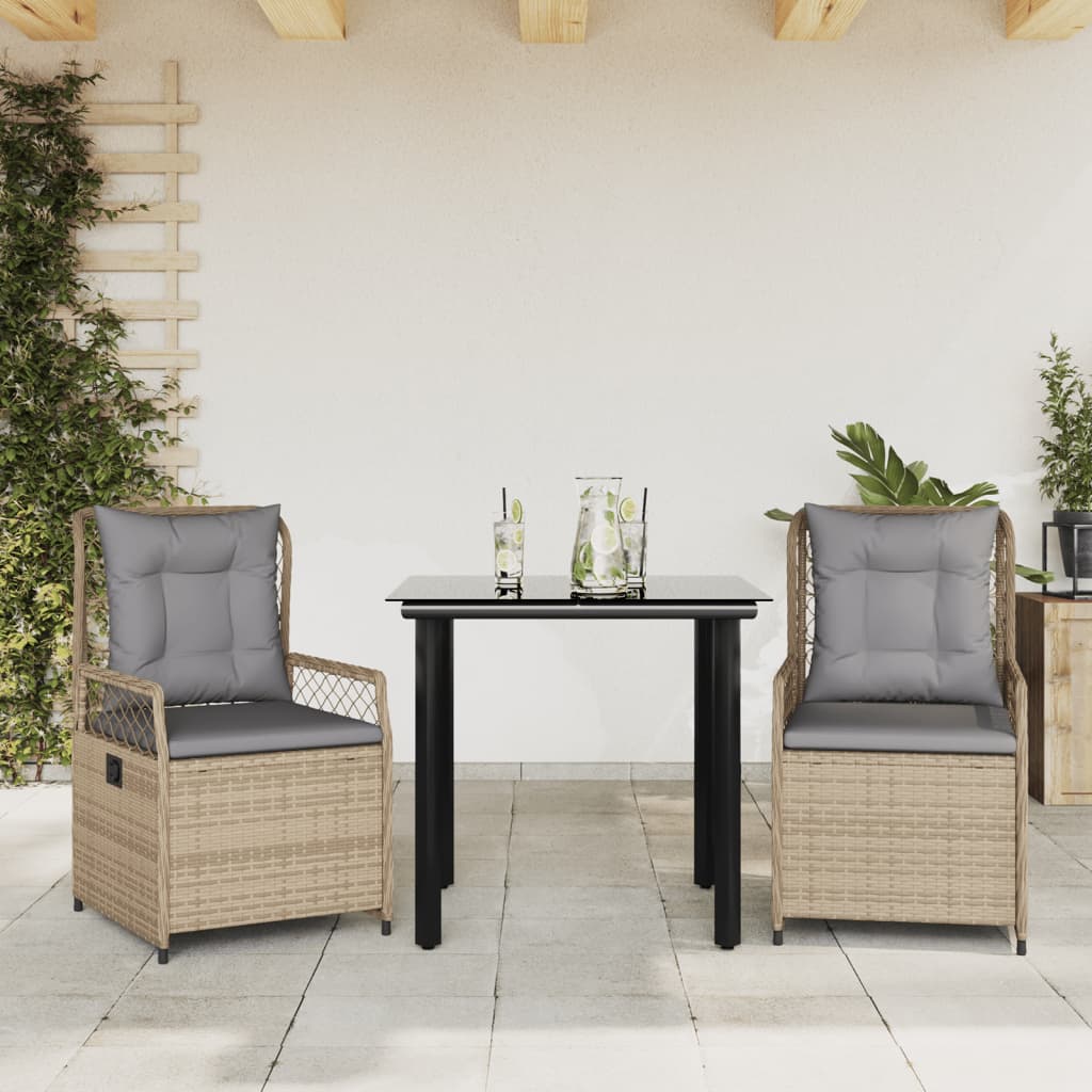 spisebordssæt til haven 3 dele med hynder polyrattan beige