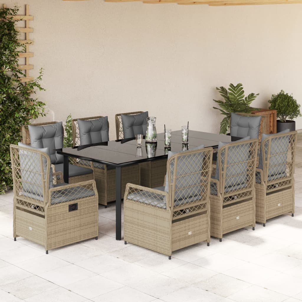spisebordssæt til haven 9 dele med hynder polyrattan beige