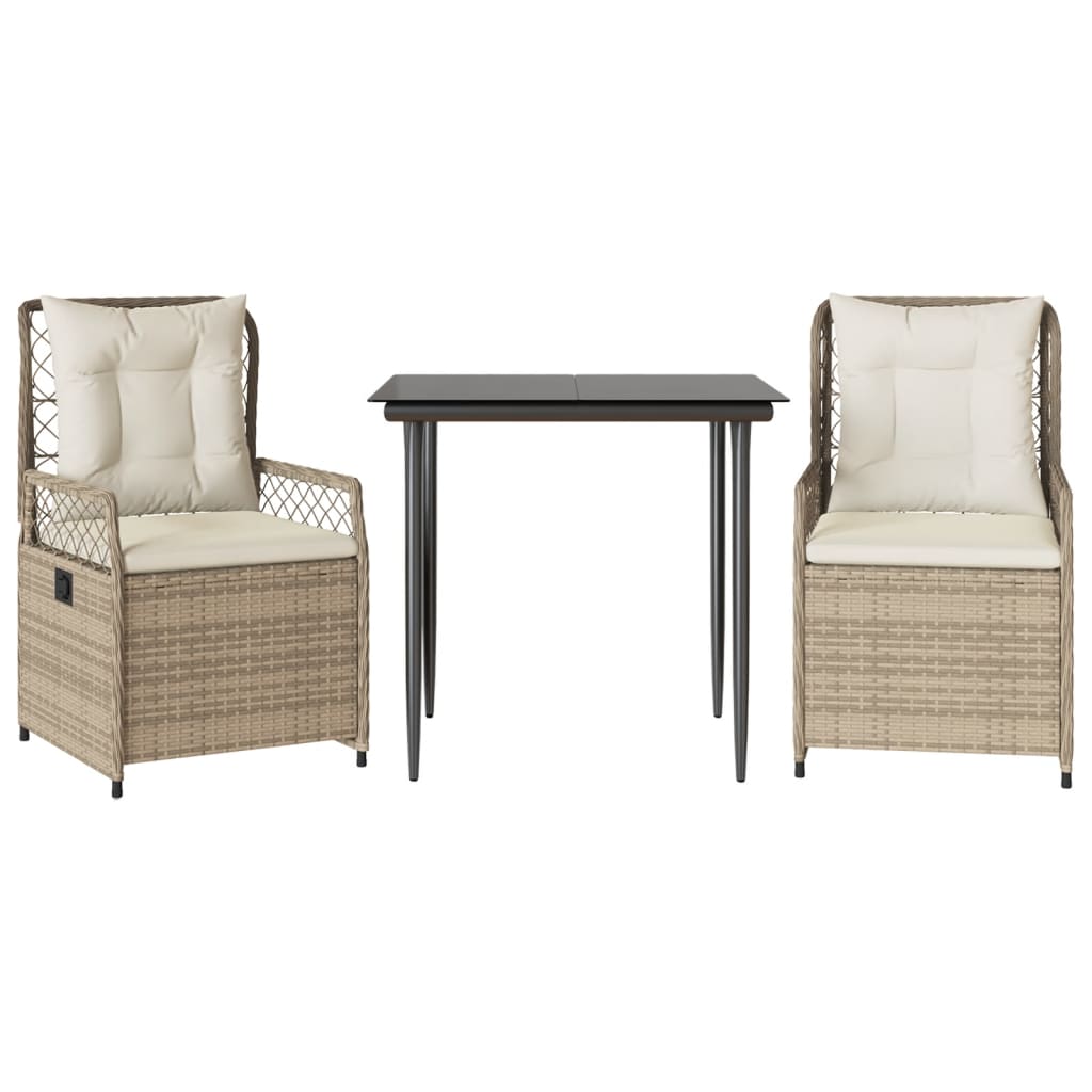spisebordssæt til haven 3 dele med hynder polyrattan beige
