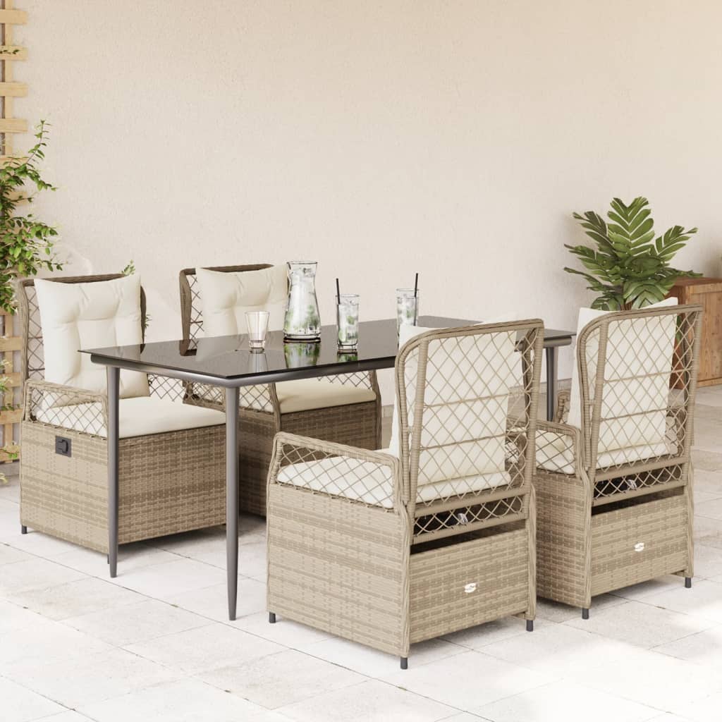 spisebordssæt til haven 5 dele med hynder polyrattan beige
