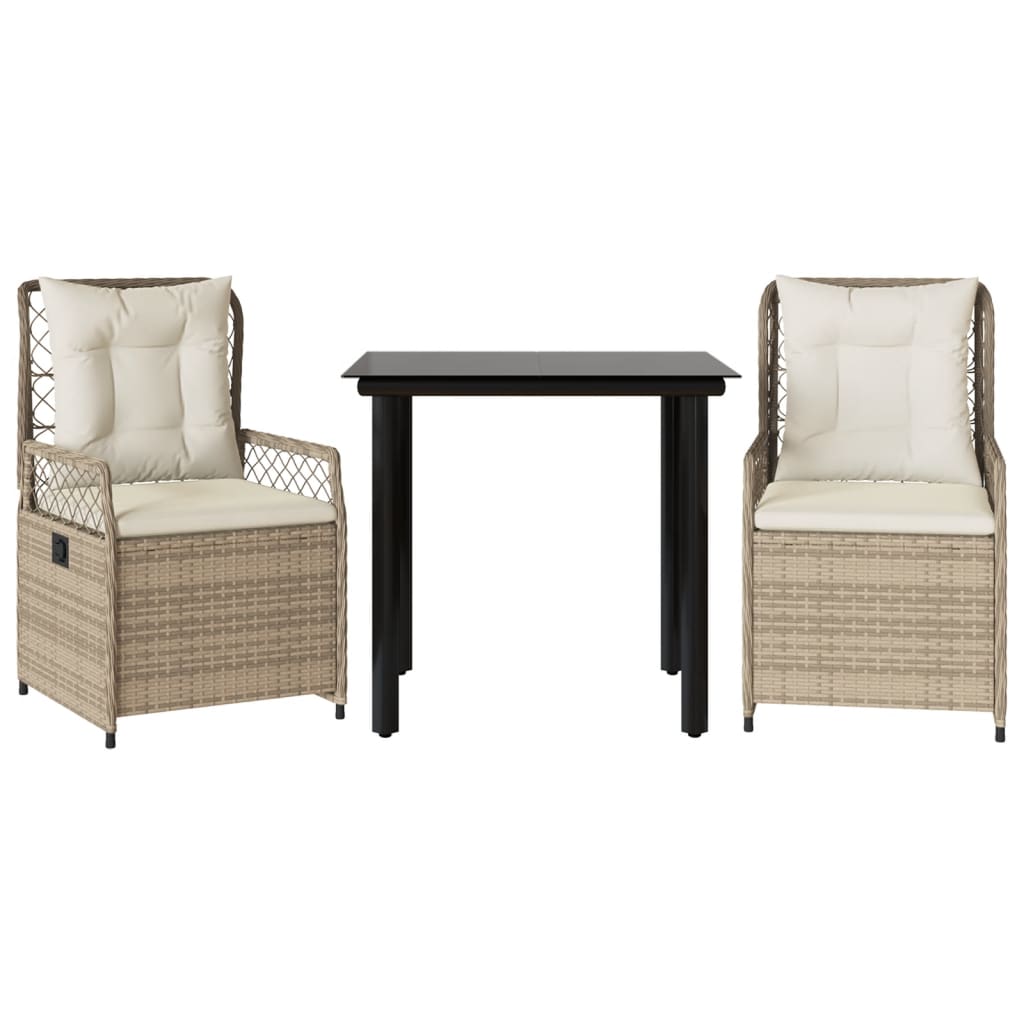 spisebordssæt til haven 3 dele med hynder polyrattan beige