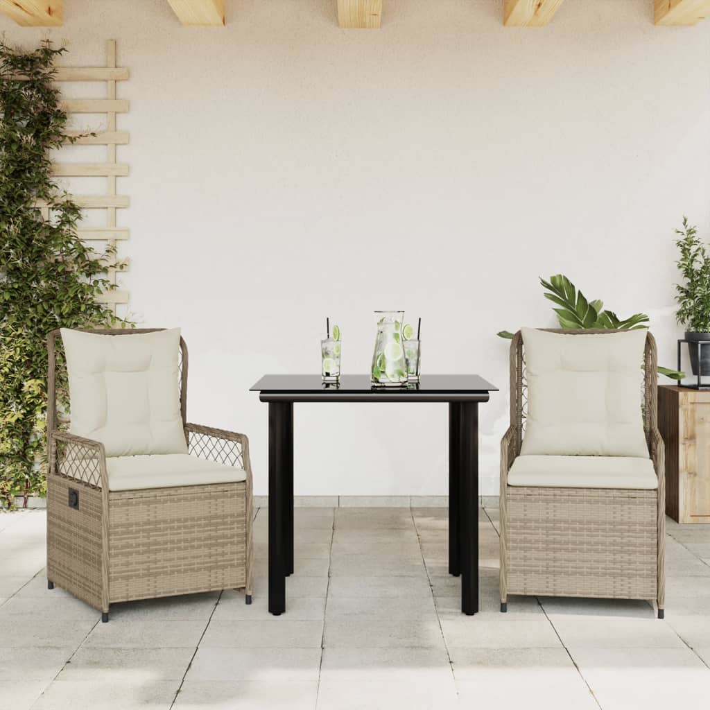 spisebordssæt til haven 3 dele med hynder polyrattan beige