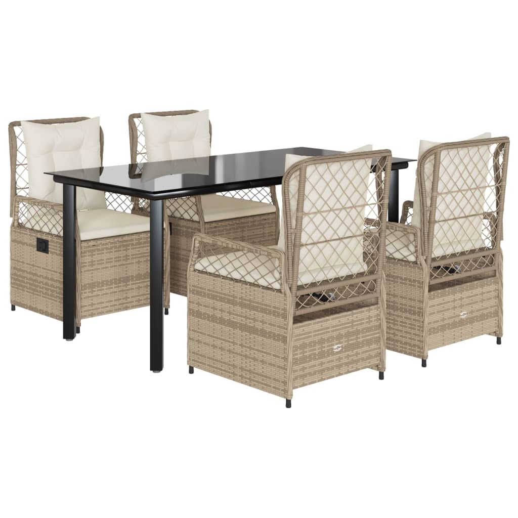 spisebordssæt til haven 5 dele med hynder polyrattan beige