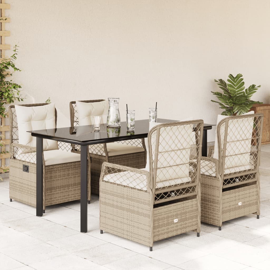 spisebordssæt til haven 5 dele med hynder polyrattan beige